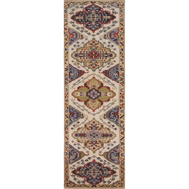 Geometric Beige Kazak Runner Rug Handmade Hallway Wool Carpet - 2'7" x 10'0"