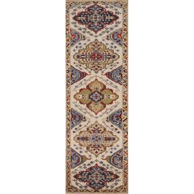 Geometric Beige Kazak Runner Rug Handmade Hallway Wool Carpet - 2'7" x 10'0"