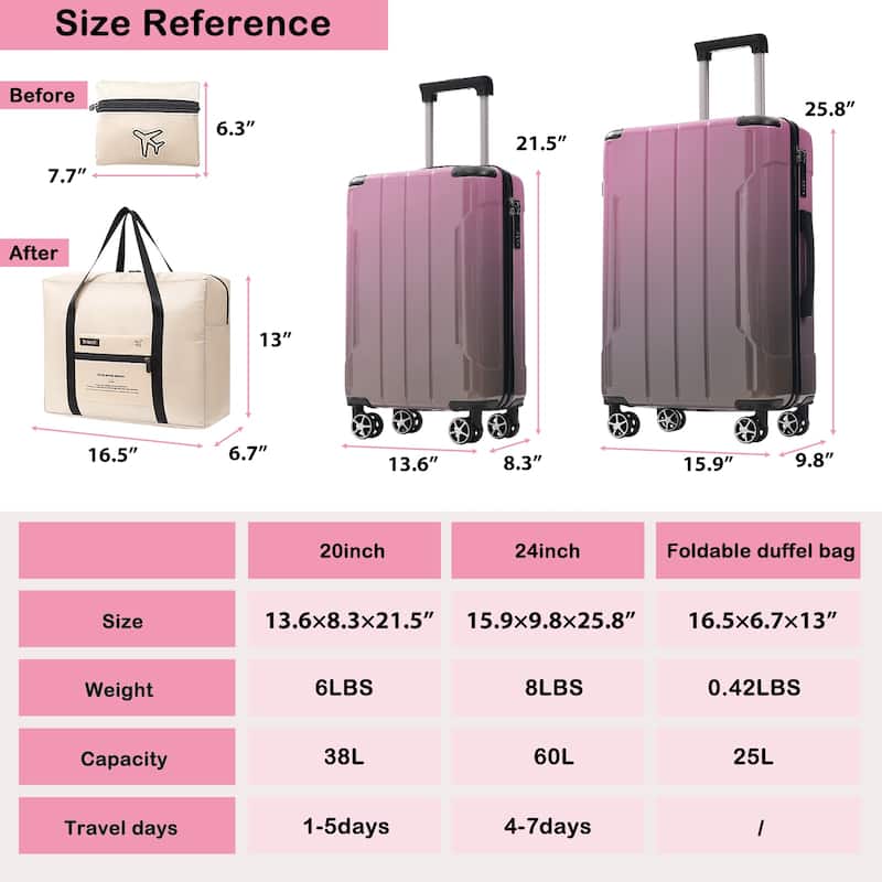 3-Piece, Modern Luggage Sets with Spinner Wheels, Built-in TSA Lock, Foldable Duffel Bag, for Boarding Travel, Pink