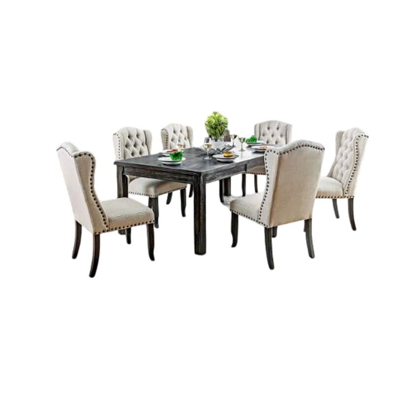 Bega 7pc Dining Table and Wingback Chair Set, Beige Linen, Black Wood