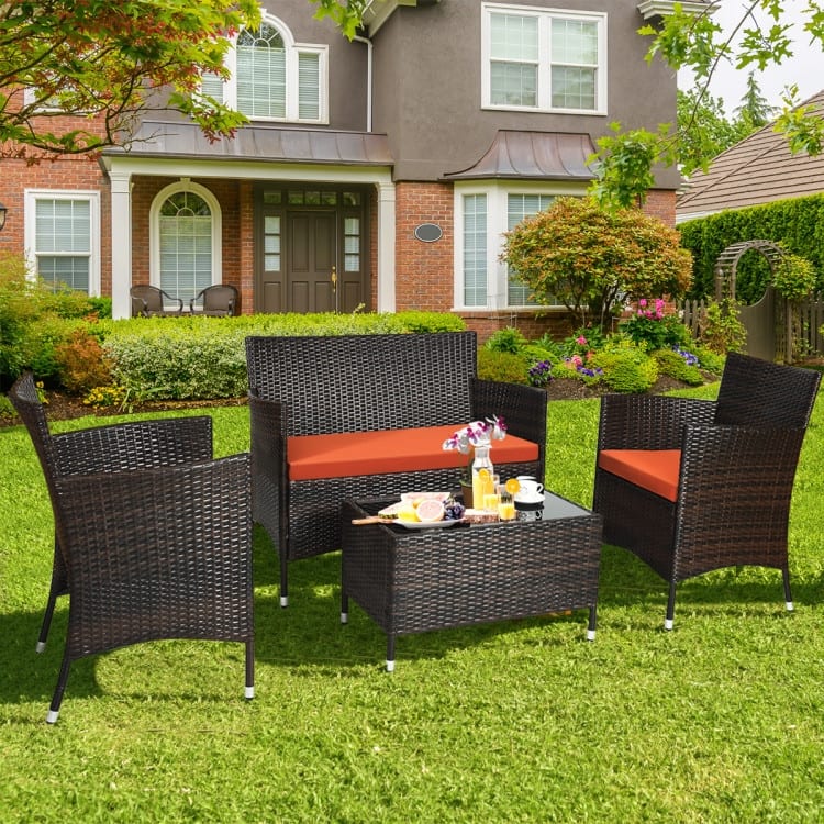 Rattan Patio Conversation Furniture Set with Glass Table and Comfortable Sofa - 4 Pcs