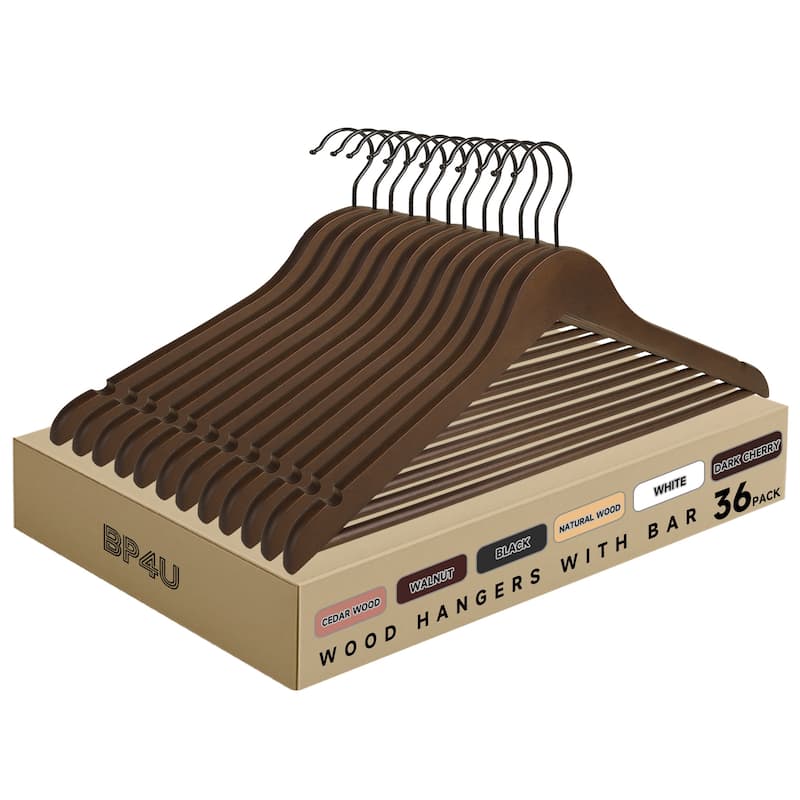 BP4U Premium Solid Wood Hangers with Non-Slip Trouser Bar, Heavy-Duty Suit Coat Wooden Hangers for Jackets, Shirts, and Dresses - 36-Pack - Walnut