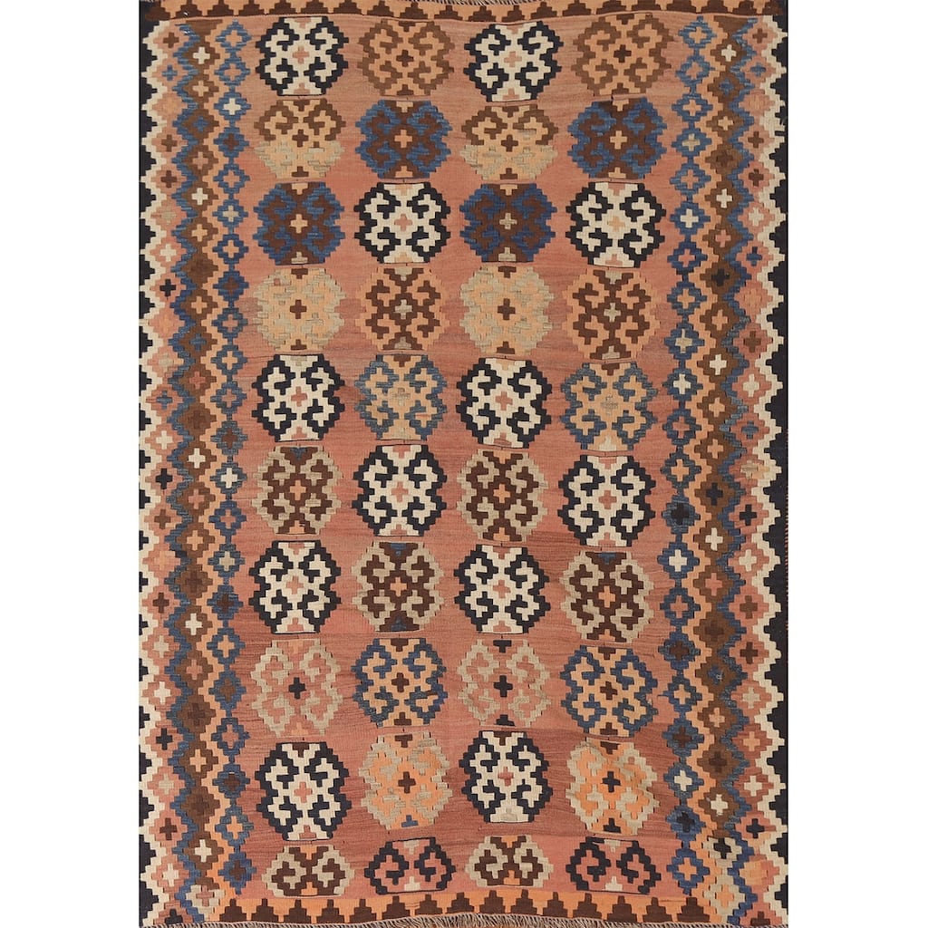 Geometric Kilim Qashqai Persian Vintage Area Rug Flatweave Wool Carpet - 4'8"x 7'3"