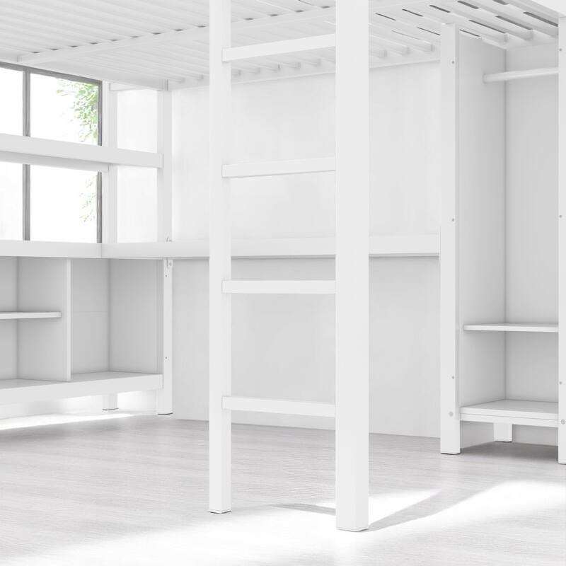 Metal Loft Bed Full/Queen with Desk, Wardrobe & Storage Shelves for Teens and Adults, Sturdy Frame, No Box Spring