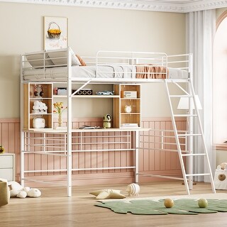 Metal Loft Bed with Desk, Shelf and Ladder for Kids, Boys and Girls, Bedroom