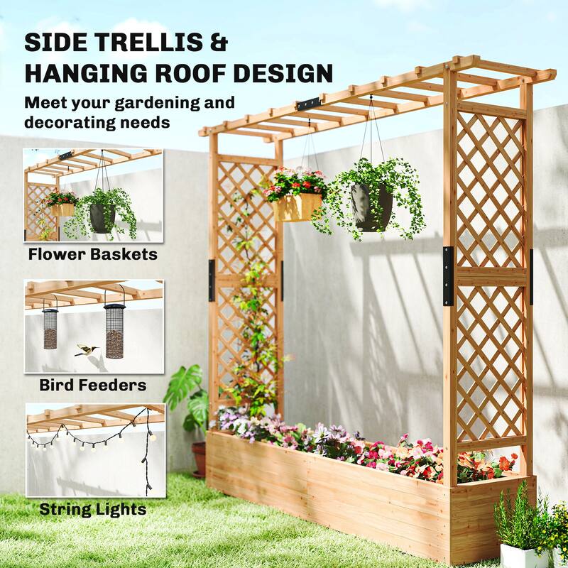 Outsunny Raised Garden Bed with Trellis, Wooden Planter Box with Hanging Roof and Drainage Holes, 77.2" x 17.3" x 71.3", Natural