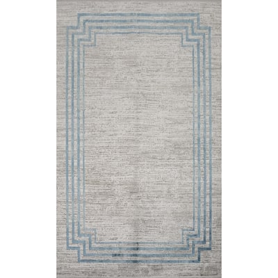 Machine Made Oriental Polyester Carpet Geometric Greys & Charcoal Distressed Area Rug - 7' 5'' X 5' 2''
