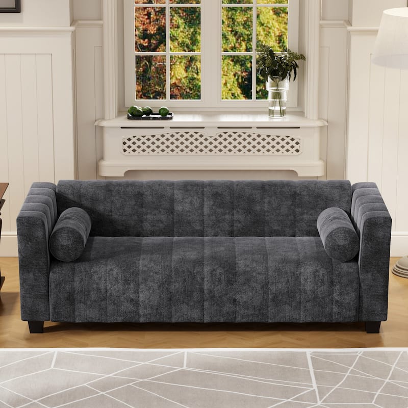 78.7" Chenille Upholstered 3-seater Sofa with Plastic Legs and 2 Pillows for Living Room - Dark Gray