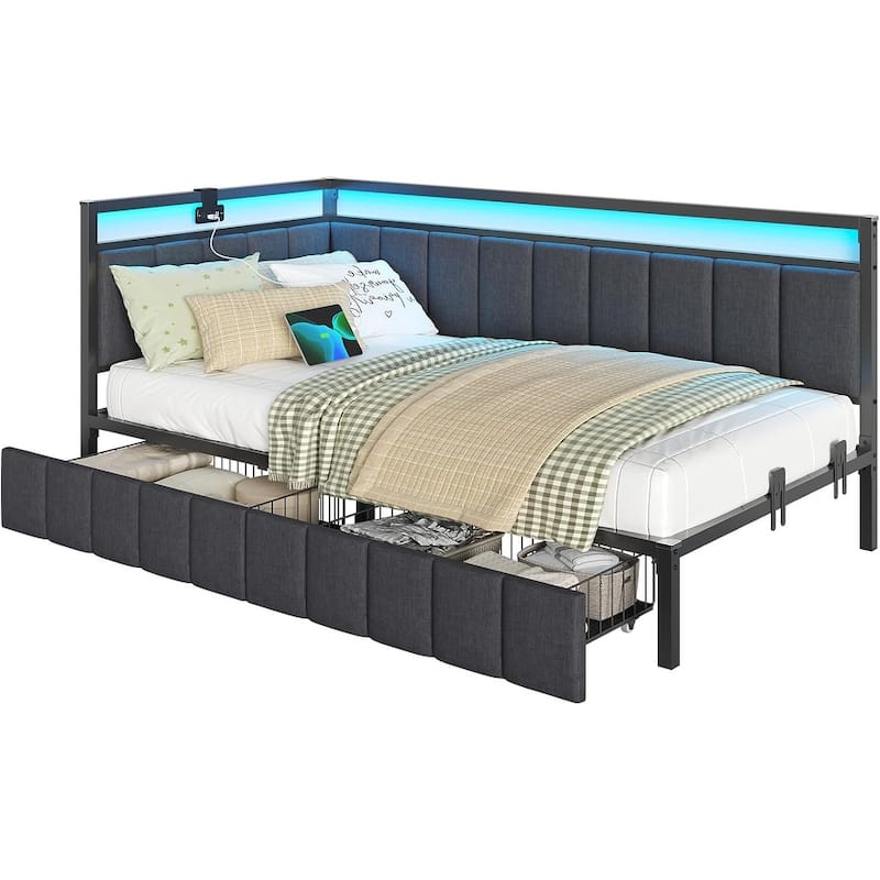 Daybed with 2 Drawers Platform Bed Frame LED Light Charging Station