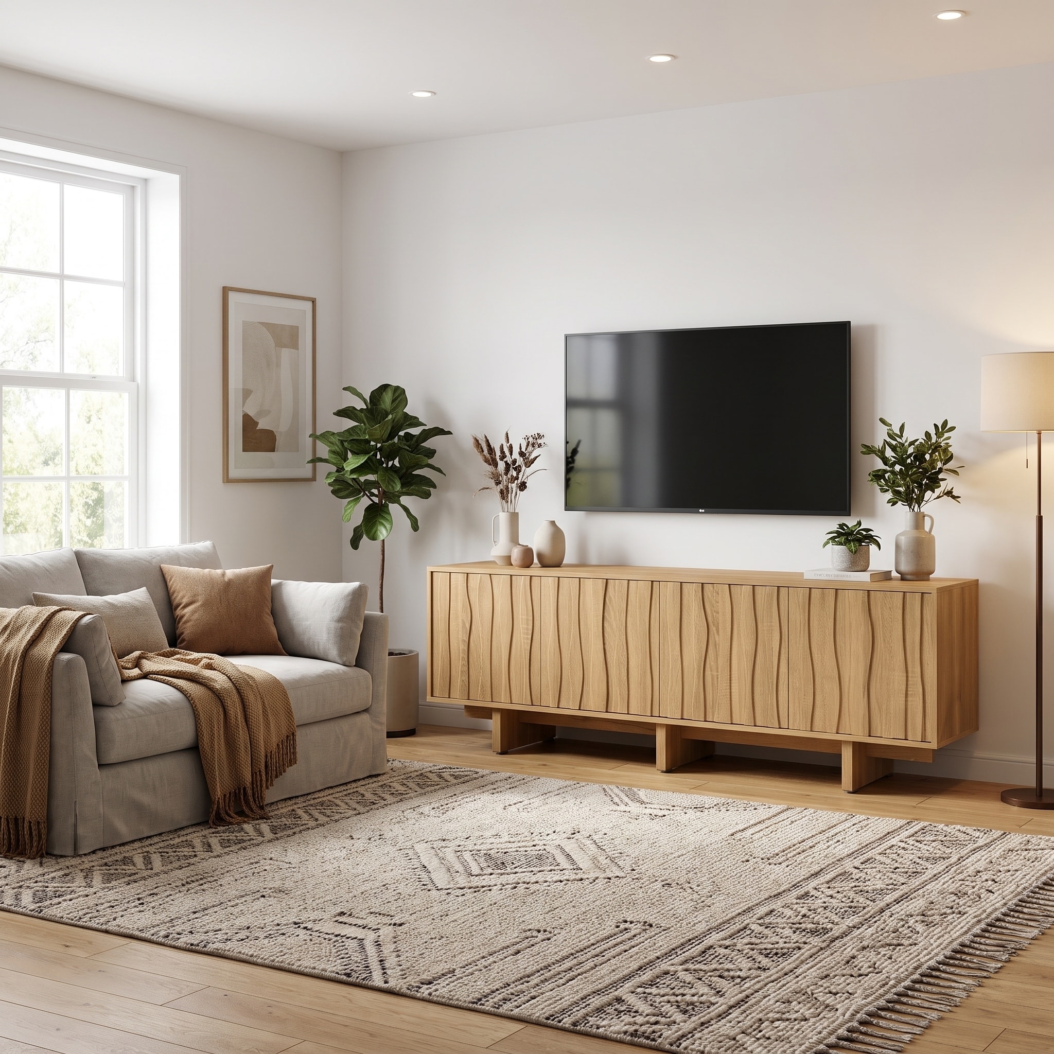 69.6" TV Stand for TVs up to 75", Retro Wood Grain Media Console with Wavy Doors & Storage