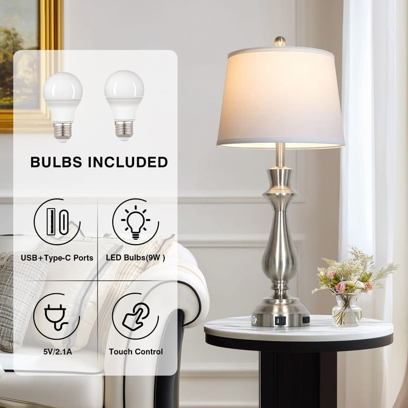 Modern 30-Inch Table Lamps with Touch Control, USB & Type-C Ports, and AC Outlet (Set of 2)