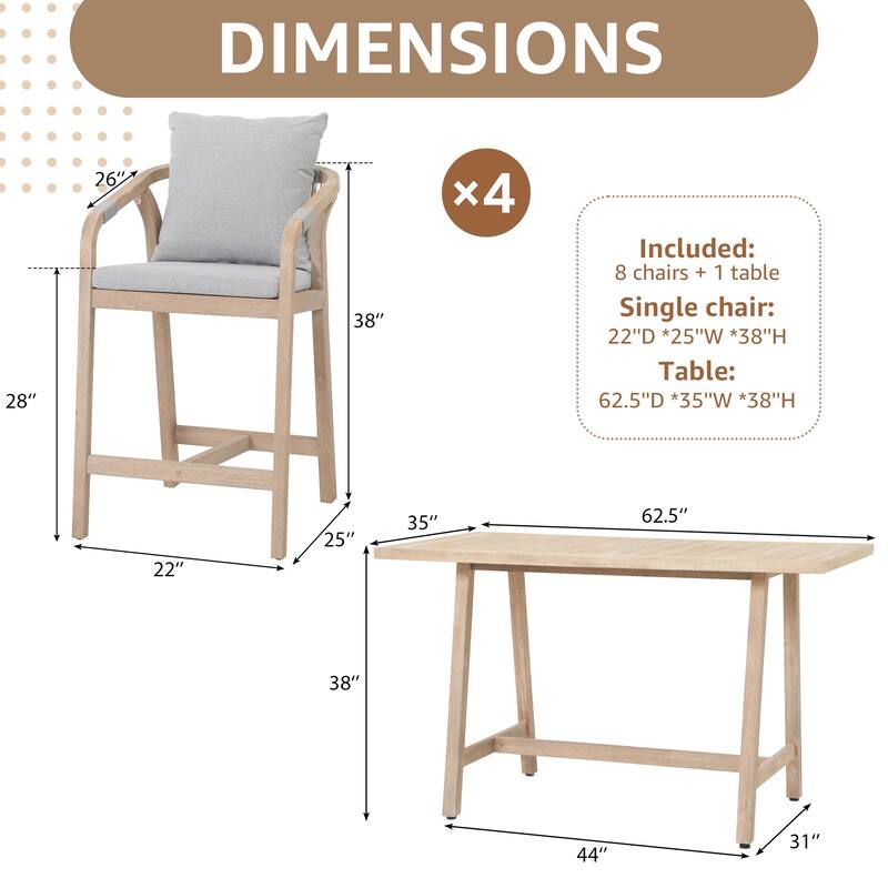 Outdoor Rope Dining Chair and Wood Dining Table Set of 5