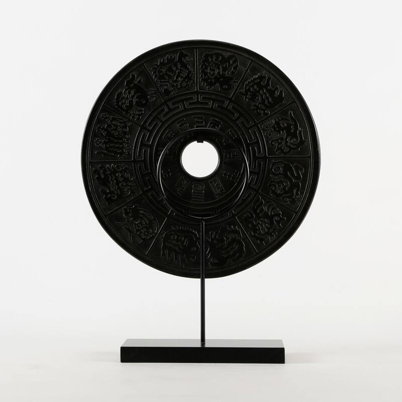 Artissance Marble Disk with 12 Zodiac Symbols, 20 Inch Tall, Black