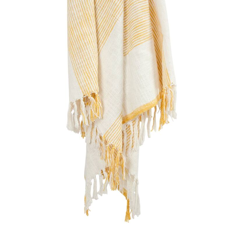 HomeRoots 50" X 60" Yellow And Ivory Cotton Woven Striped Throw Blanket with Fringe