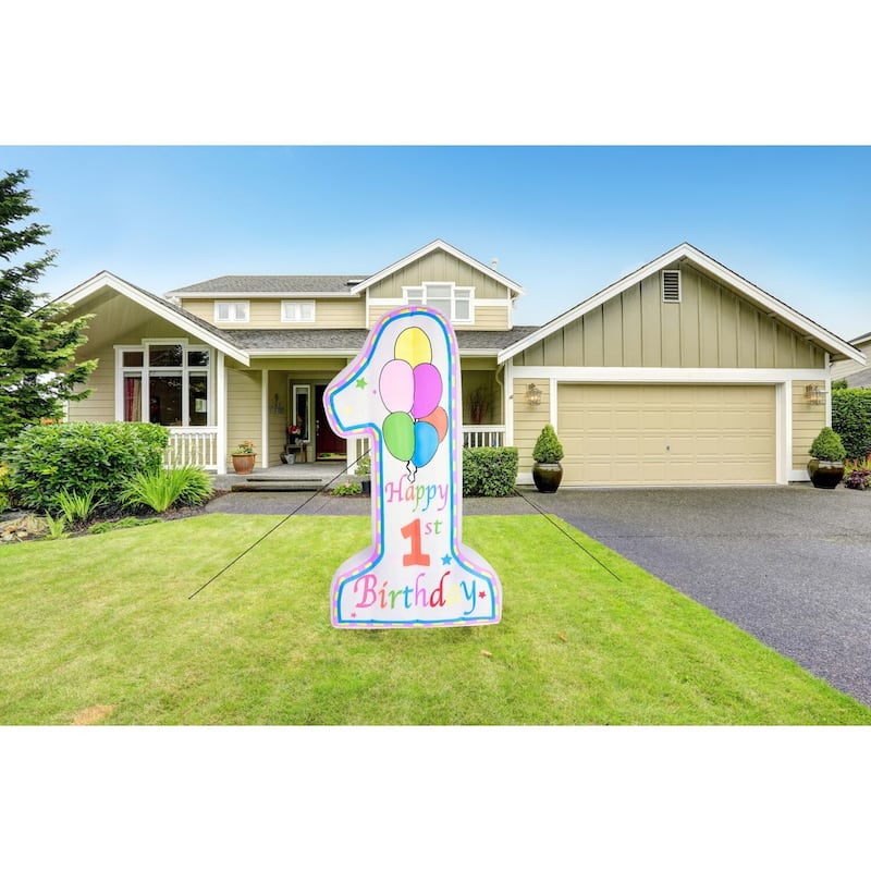 Fraser Hill Farm 8-Ft. Tall First Birthday Outdoor Blow-Up Inflatable with Lights & Storage Bag