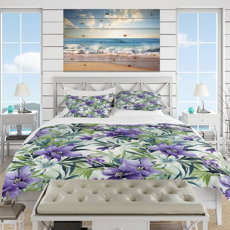 Designart "Green Purple Bamboo Serenade Tropical Pattern II" Floral Bedding Set With Shams