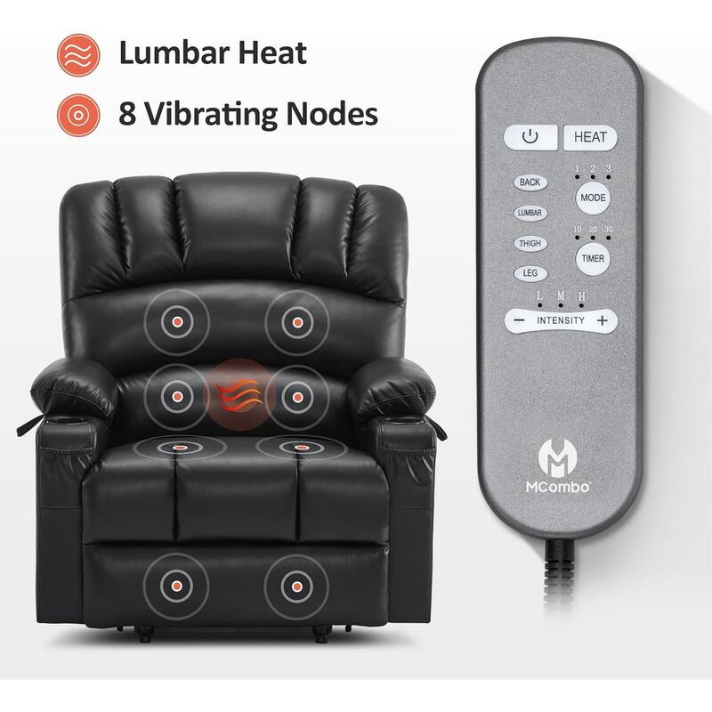 MCombo Large Power Lift Recliner Chair with Massage and Heat, Cup Holders, Side Pockets, Faux Leather R7092 (Large-Wide)