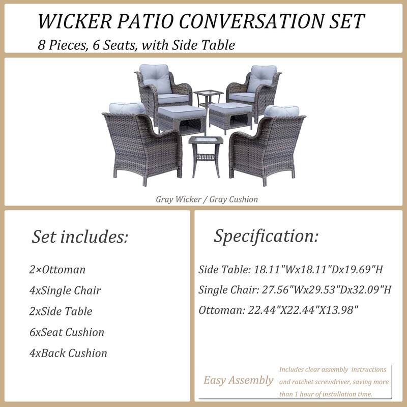 8 Piece Outdoor Wicker Patio Furniture Conversation Chair and Ottoman Set