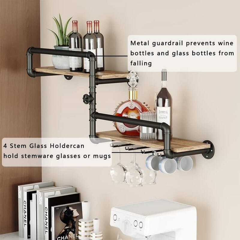 Wine Rack Wall Mounted with 4 Stem Glass Holder - 43.3 x 17.7 x 9.3 inches