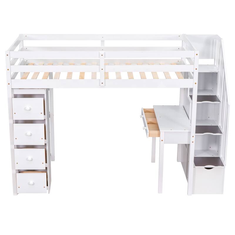 White Twin Loft Bed with Storage Drawers, Desk, Shelves and Stairs - Space Saving Wooden Design