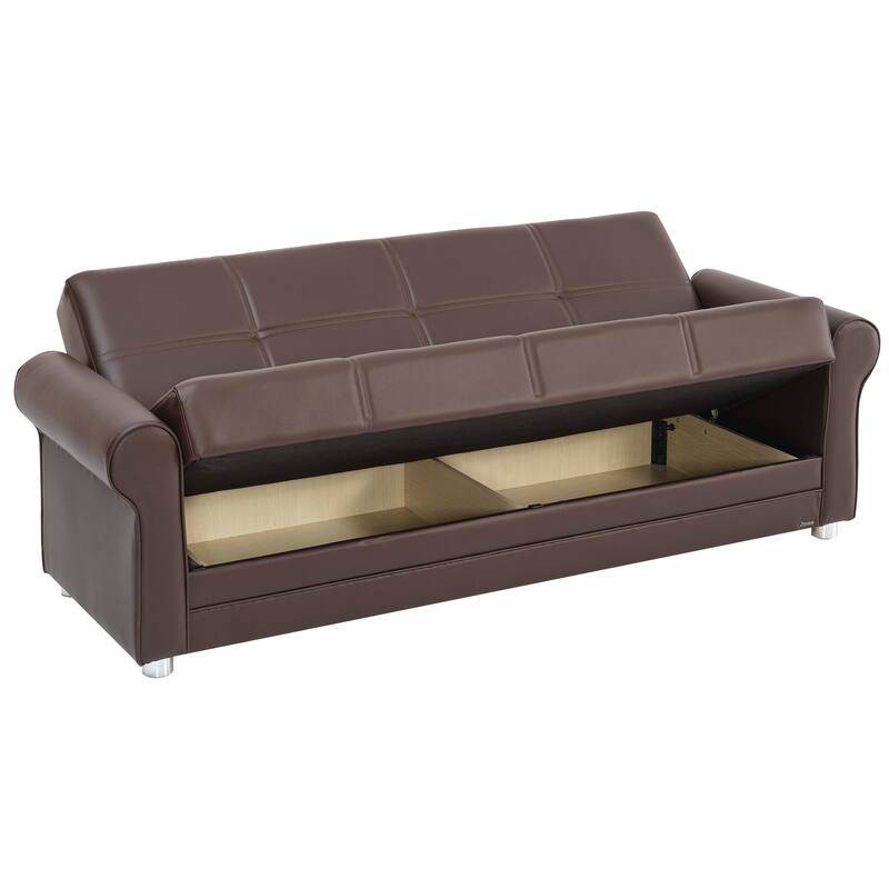 HomeRoots 89" Brown Faux Leather Convertible Futon Sleeper Sofa And Toss Pillows With Storage