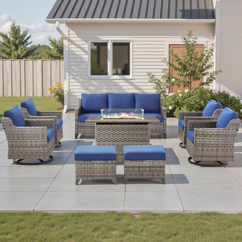 Pocassy 8 Pieces Fire Table w/ Sofa Swivel Chair Ottoman - Blue Cushion Gray Wicker - 8-Piece Fire Table w/ Sofa Swivel Chair Ottoman