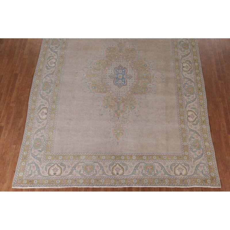 Hand Knotted Oriental 100% Wool Carpet Traditional Medallion Beige & Ivories Tabriz Area Rug - 12' 8'' X 9' 6''