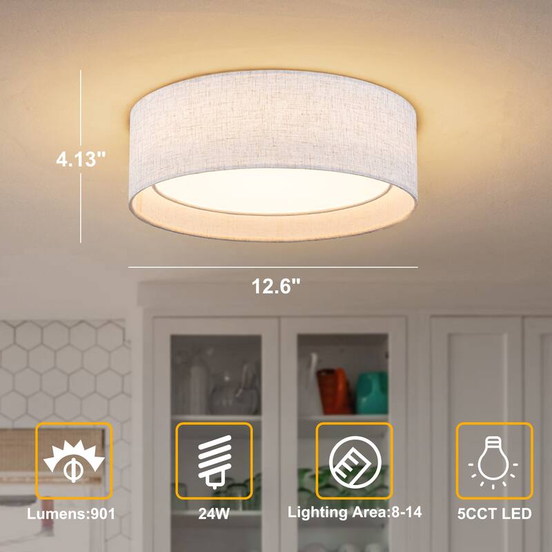 Starsky Modern Linen Drum Flush Mount Ceiling Light with 5-CCT Selectable LED (3000-6000K)