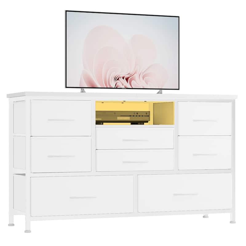 8-Drawer Fabric TV Stand with LED Lights & Built-in Power Outlets
