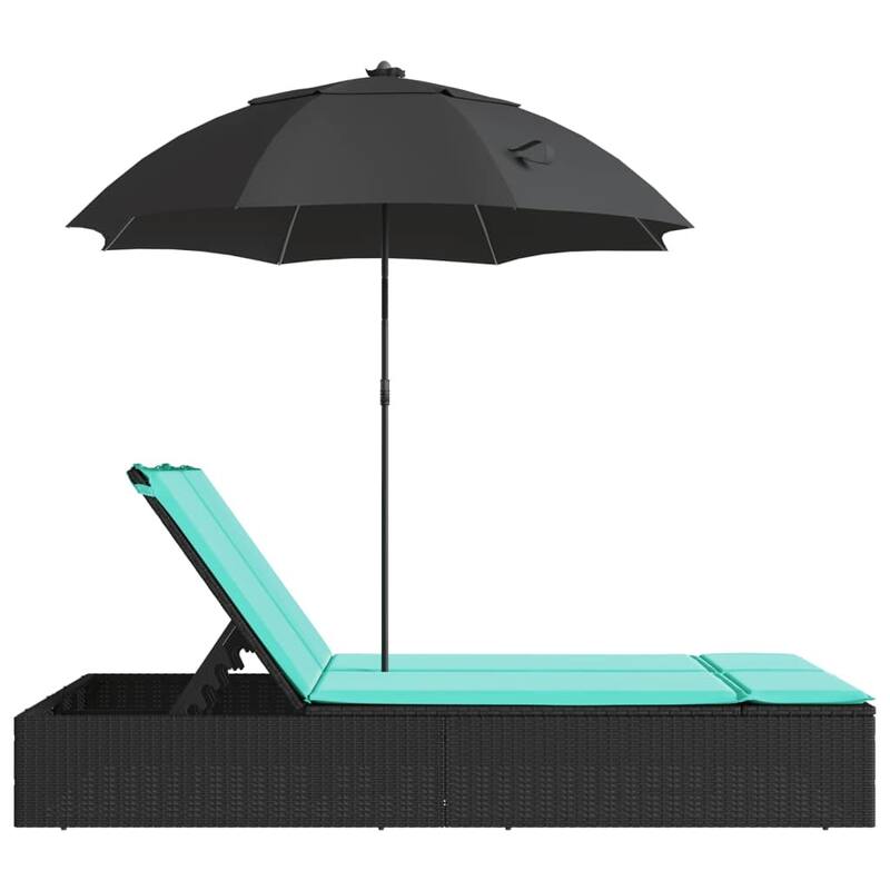 vidaXL Patio Double Sun Lounger&Cushions&Parasol Poly Rattan Brown/Gray/Black - 78.7" x 64.6" x 69.3"