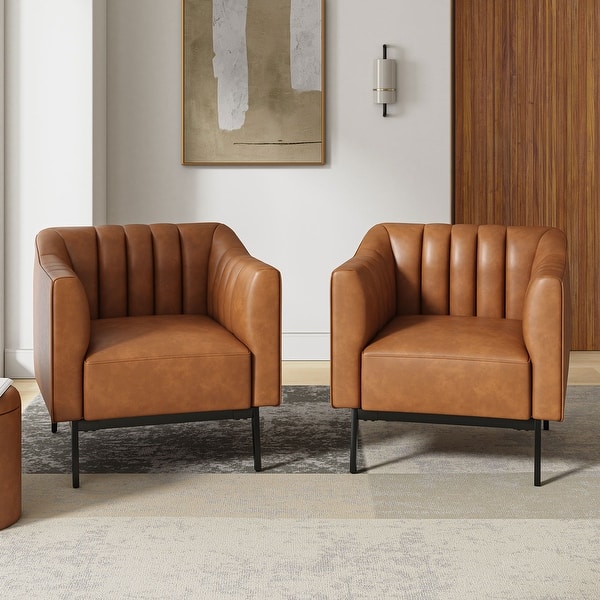 slide 2 of 10, Alfons Industrial Leather Chair with Channel Tufting and Metal Leg Set of 2 by HULALA HOME Camel