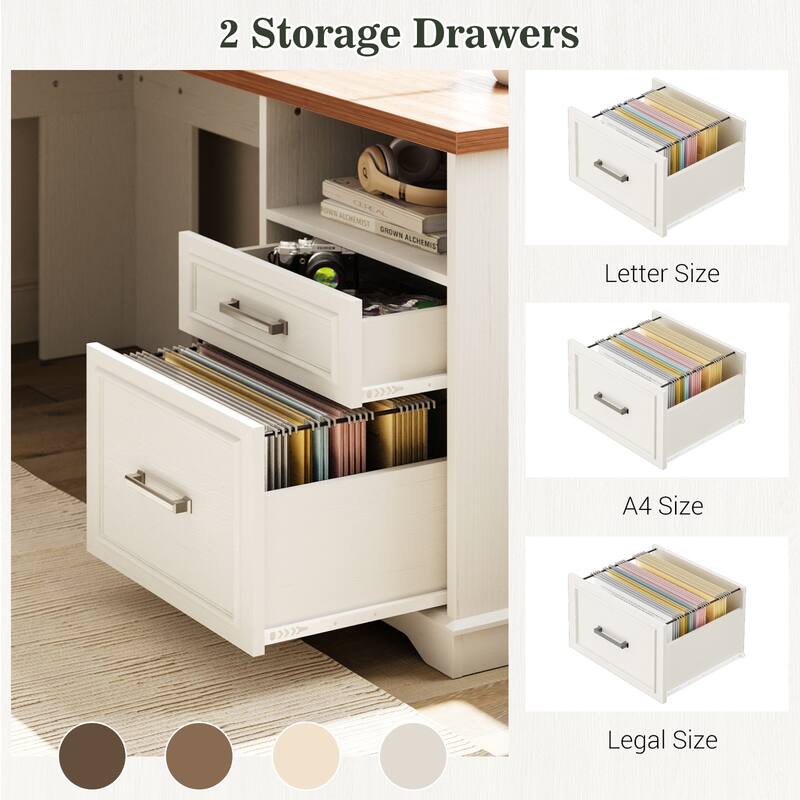 French Country L Shaped Desk with Charging Station, Office Computer Table with File Cabinet