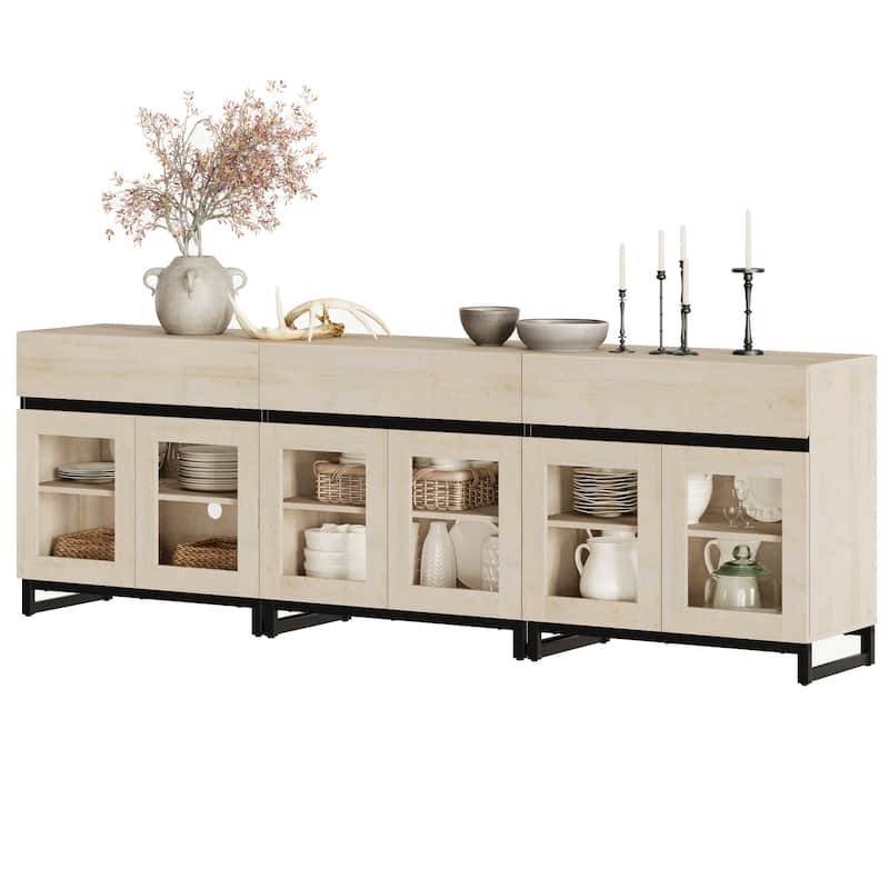 WAMPAT Modern TV Stand with Glass Doors for 110 inch TVs, Entertainment Center Console with 3 Drawers and Metal Base