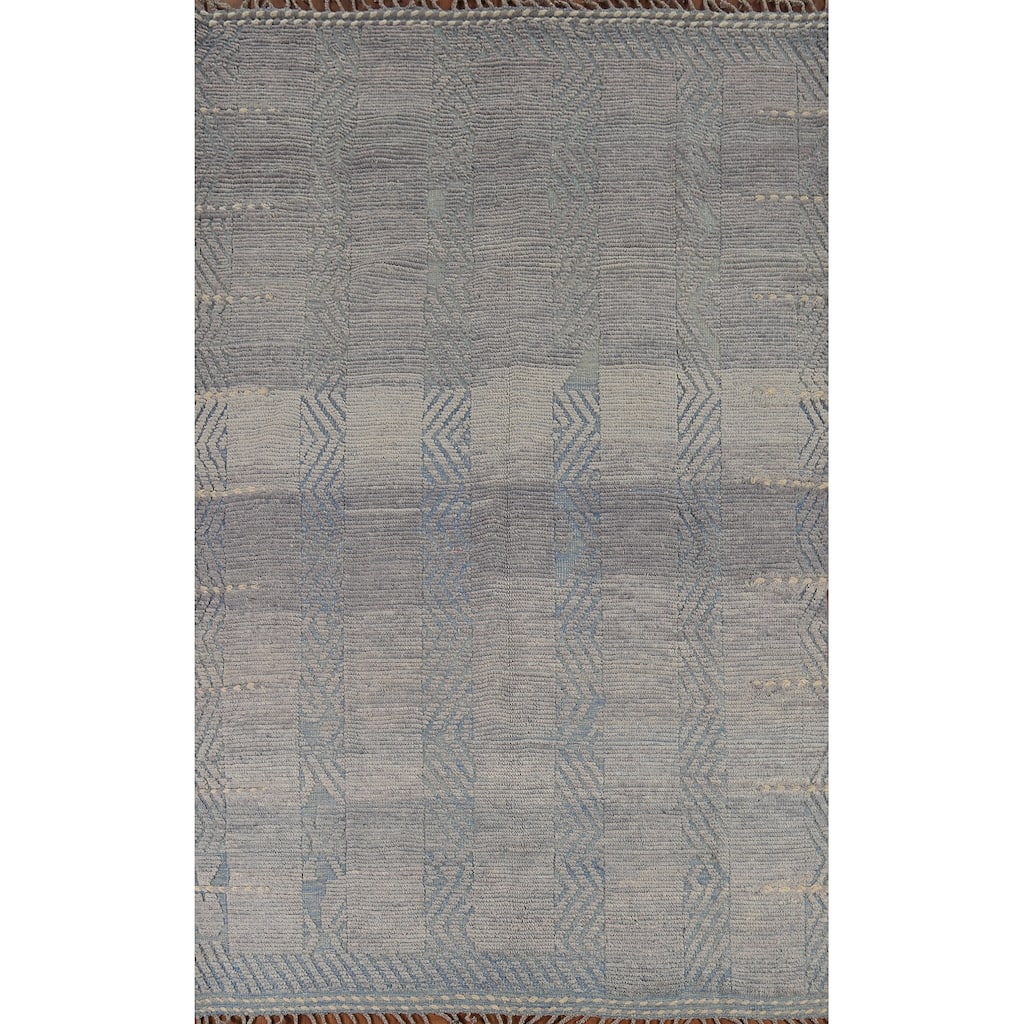 Gray Striped Moroccan Area Rug Hand-Knotted Wool Carpet - 6'7"x 10'9"