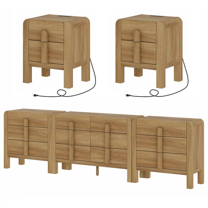 WAMPAT Wooden Dresser And Nightstand Sets, 5 Pcs Bedroom Set, Night Stand Set Of 2, 12 Drawer Dresser With Curved Profile Design