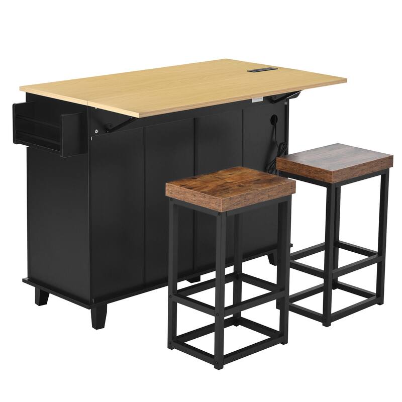 3PCS Sets Farmhouse Kitchen Island with 2 Stools, Drop Leaf, Cabinet, Drawers, Door Shelves, Power Outlet