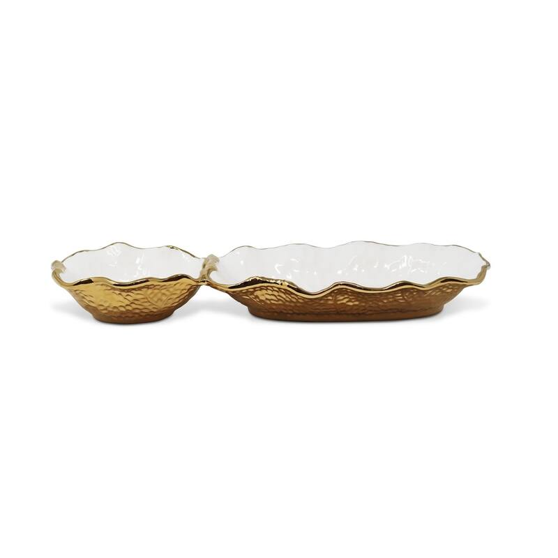 White Hammered 2 Bowl Relish Dish New Bone China With Gold Scalloped Edge