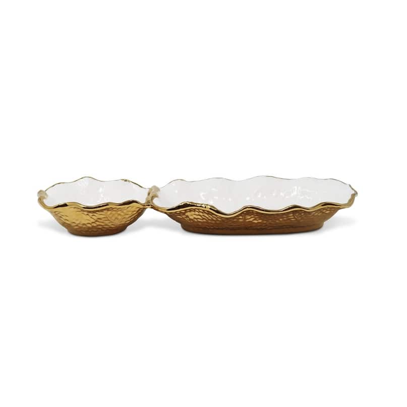 White Hammered 2 Bowl Relish Dish New Bone China With Gold Scalloped Edge