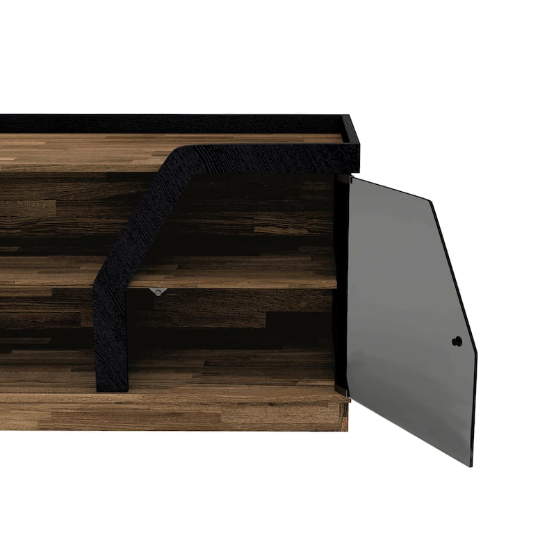 DH BASIC Modern Light Hickory 71-inch Multi-Storage TV Console with Black Tint Glass Cabinets by Denhour
