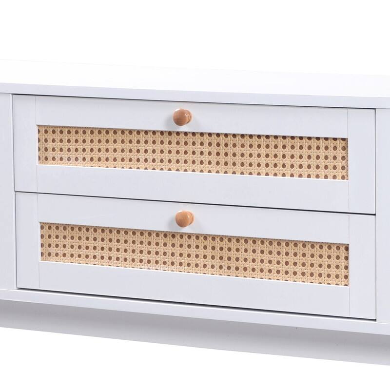 Rattan TV Stand for TVs up to 75'',Entertainment Center Media Console with Solid Wood Legs