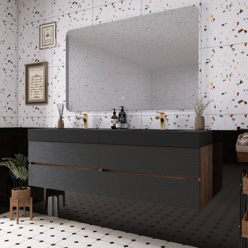 Wall Mounted Bathroom Vanity with Solid Surface Sink and Soft Drawers