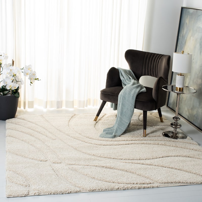 SAFAVIEH Florida Shag Sigtraud Abstract Waves 1.2-inch Thick Rug - 12' Square - Creme - Square