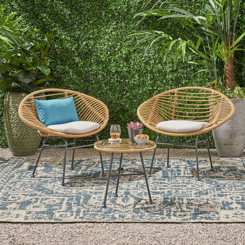 Meridian Outdoor 2 Seater Faux Wicker Chat Set with Tempered Glass Table by Christopher Knight Home - Light Brown+ Beige+ Black