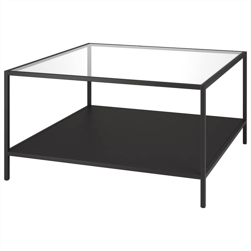 Black Glass and Steel Square Coffee Table with Storage Shelf - 32" x 32" x 17"