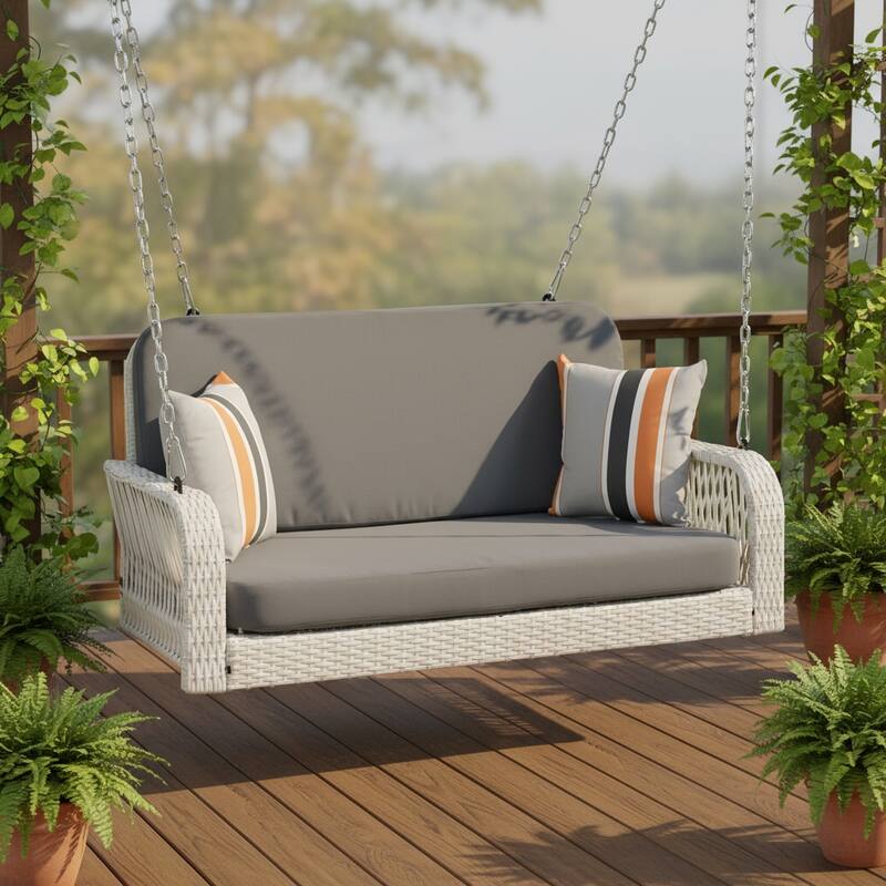 49" White Woven Rattan Outdoor Hanging Swing Chair with Gray Cushions - White
