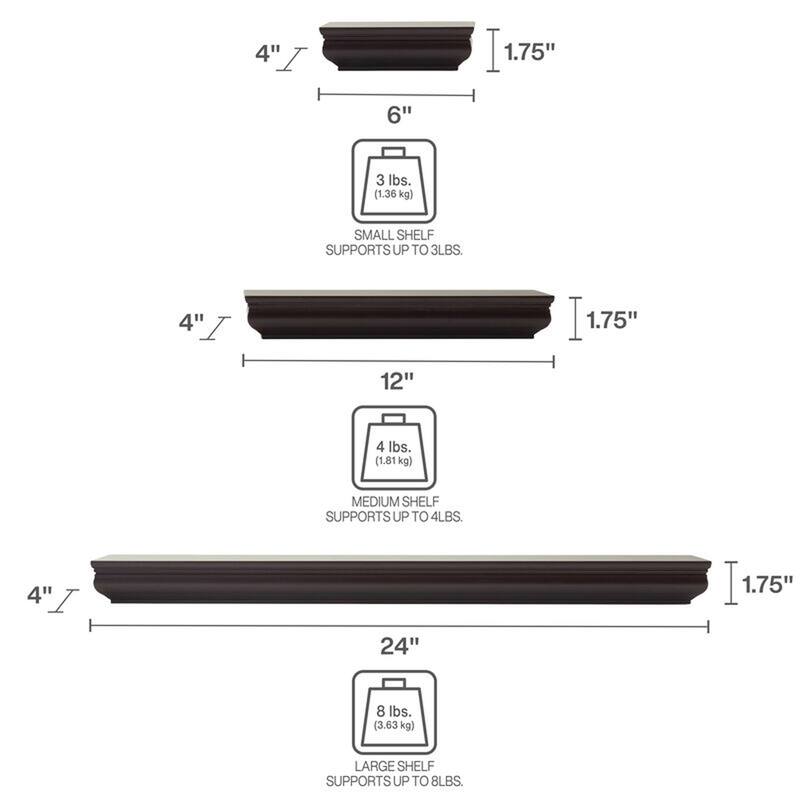 Melannco Set of 5 Espresso Wood Shelves, 2-6, 2-12, 1-24 Inches