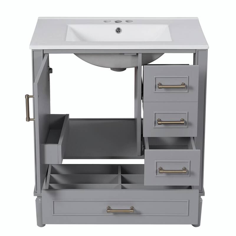 30" Bathroom Vanity with Ceramic Sink, Soft-Close Door, Built-in Shelf & Ample Storage