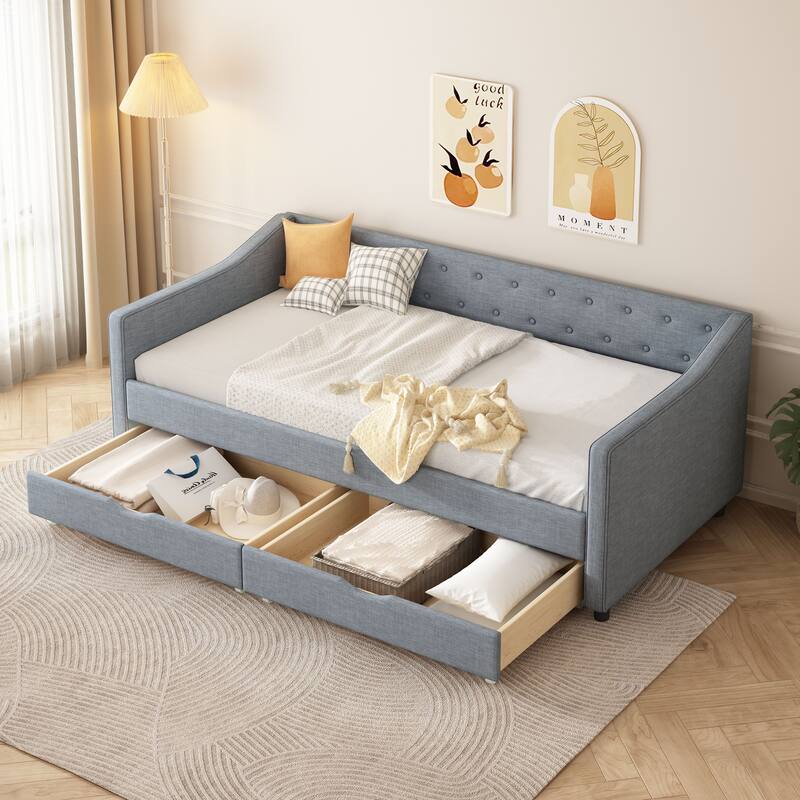 Linen Upholstered Daybed with 2 Drawers, Wooden Platform Sofa Bed Frame with Button Tufted Backrest, No Box Spring Needed