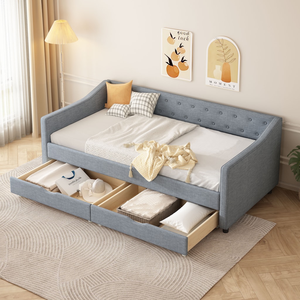 Twin Size Daybed With Drawers Upholstered Tufted Sofa Bed, With Button On Back And Piping On Waved Shape Arms