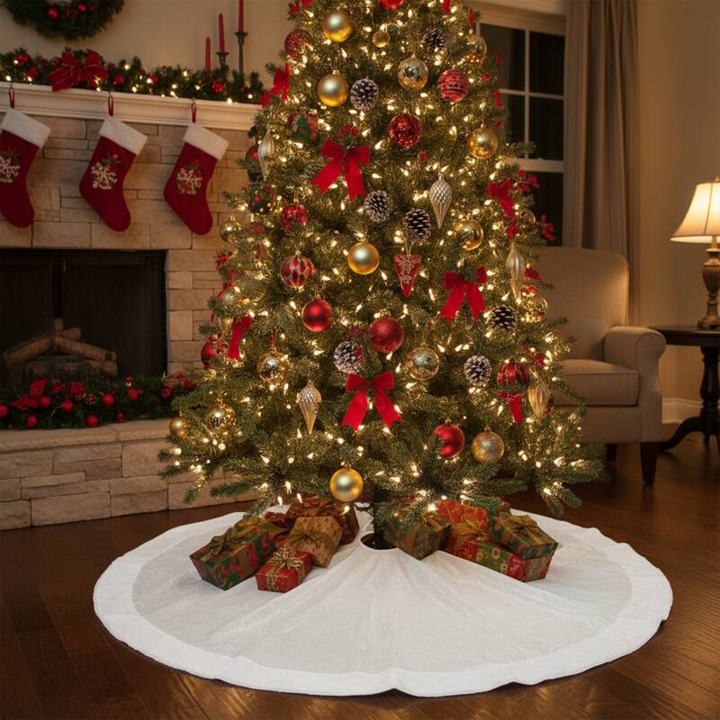 48-Inch White Sheer Organza With Faux Fur Trim Christmas Tree Skirt